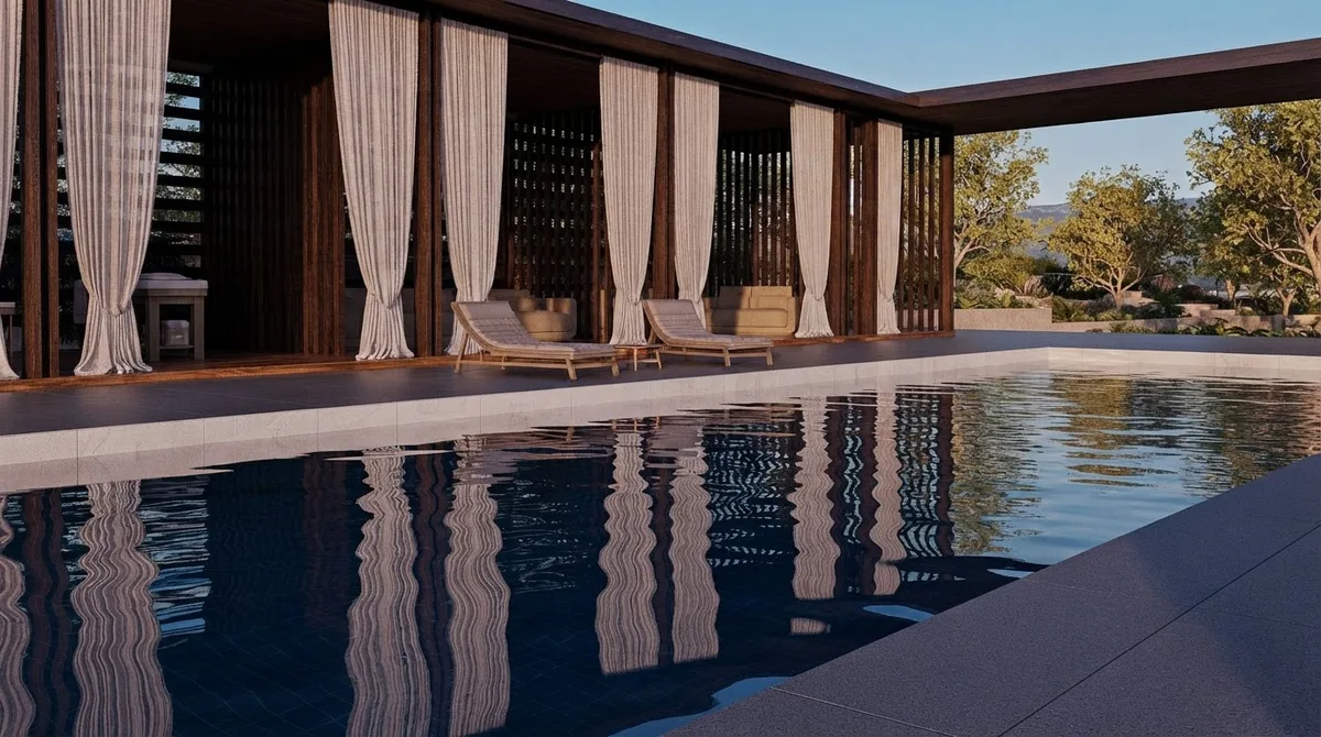 A finished render of a villa pool terrace with a dark timber pergola, tall white linen curtains, two loungers, and the pergola reflected in still blue water under a clear sky