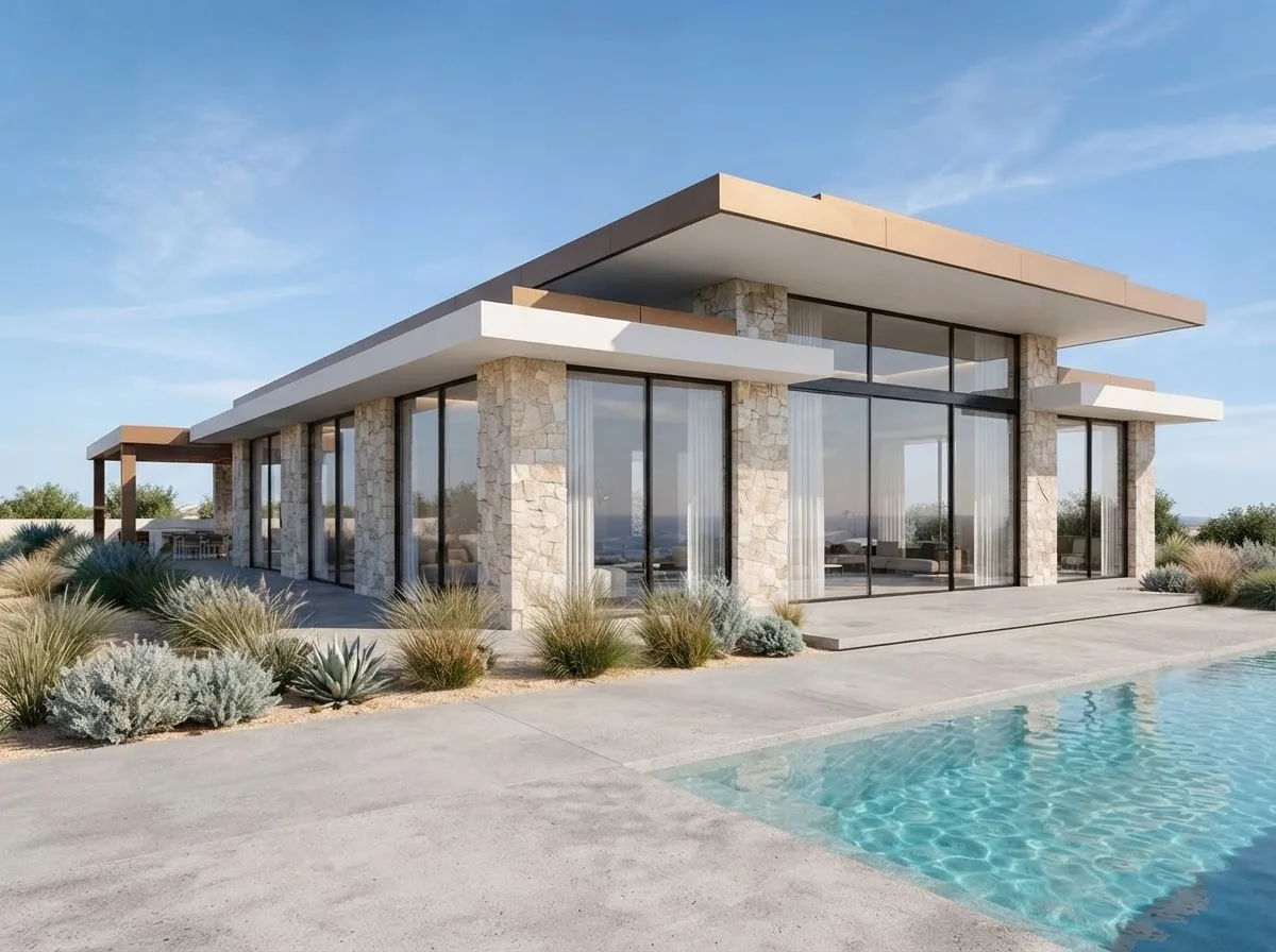 A finished render of a single-storey villa with stacked stone piers, a thin white flat roof with deep overhangs, full-height glazing, a pool and a garden of grasses and agaves under a blue sky