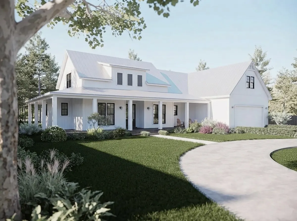 All white modern farmhouse with white siding, a white metal roof, black window frames, a wraparound porch and a curved driveway