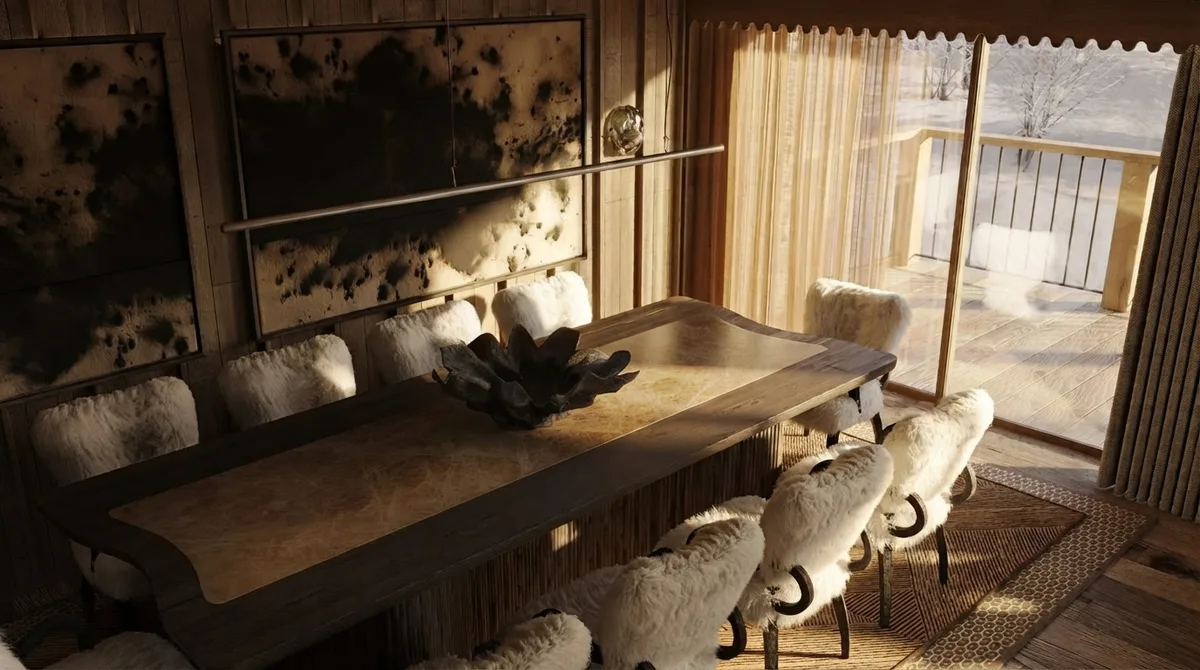 Chalet dining room with a long live edge timber table, sheepskin covered chairs on both sides, a large dark abstract artwork on the wall and light coming through pleated curtains