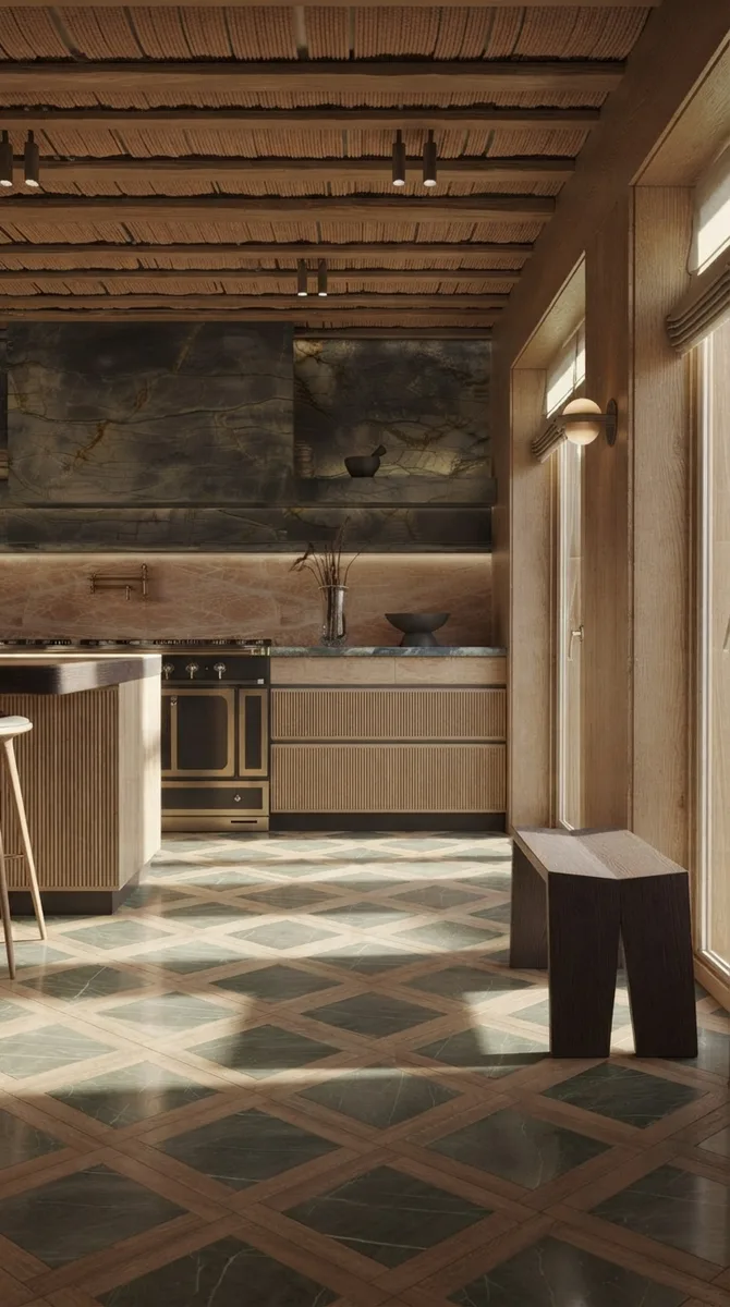 Chalet kitchen seen from the doorway with a reed and timber ceiling, dark stone splashback, fluted cabinets, a central island with a stool and a green diamond pattern stone floor running to the door