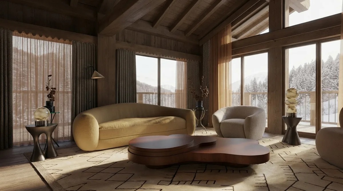 Chalet living room with a curved butter yellow sofa, a sculptural dark wood coffee table, a patterned rug and floor to ceiling windows with sheer curtains looking onto snow covered pines