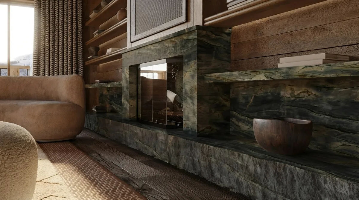 Close view of a green marble fireplace surround set into timber panelling, with a curved tan leather armchair in the foreground and a carved wooden bowl on the hearth
