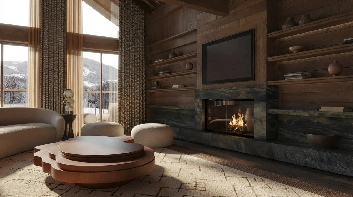 Chalet living room with a lit fire in a green marble fireplace, a wall mounted television above it, timber shelving with ceramics, a cream curved sofa and layered round coffee tables