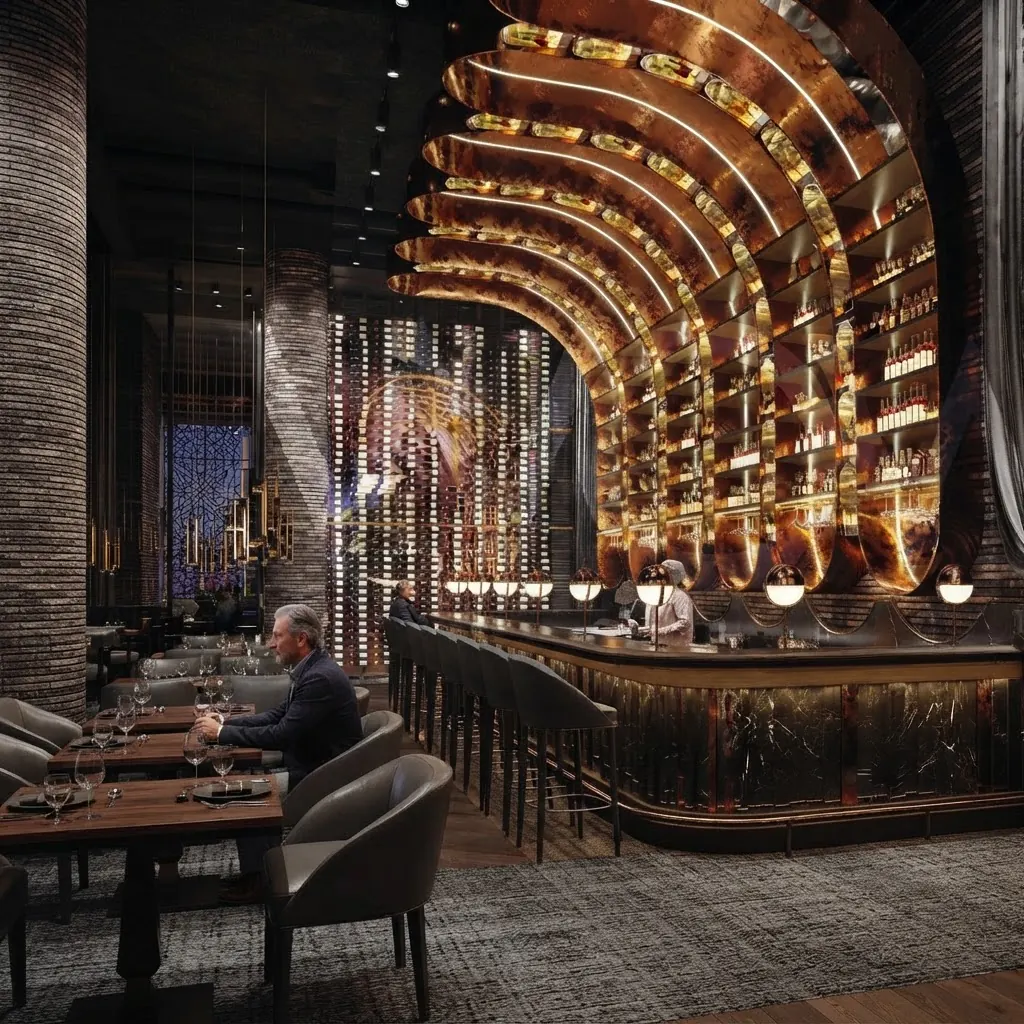 A finished bar interior render with a vaulted ceiling of curved brass ribs lined with lit bottle shelves over a long dark marble bar, leather stools and a guest in a suit