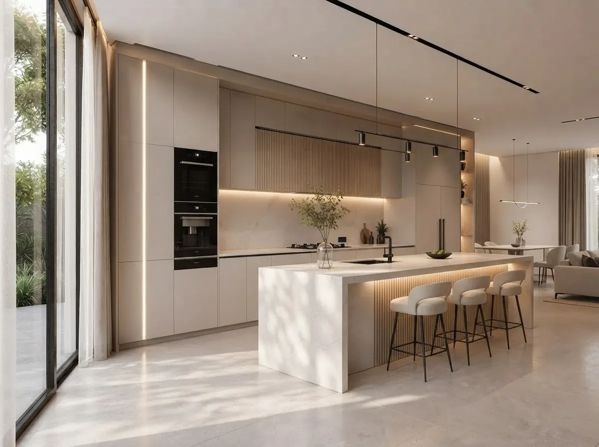 Large modern kitchen with matte cream full height cabinets hiding the appliances, a warm oak band with built in black ovens, a matte cream island with a lit fluted base and four upholstered bar stools
