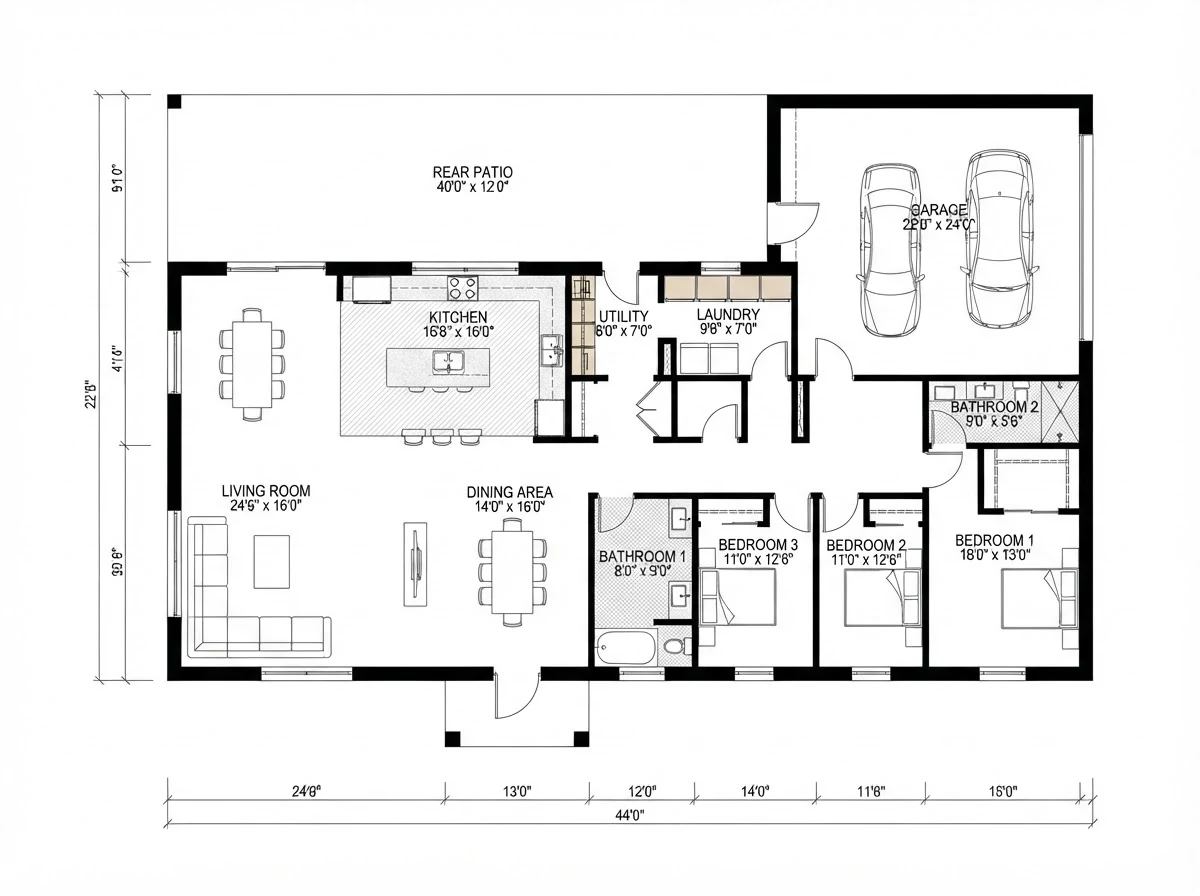 Dimensioned barndominium floor plan showing one open living and dining space with a kitchen island, a block of three bedrooms and two bathrooms at one end, a utility room, a two car garage and a rear patio