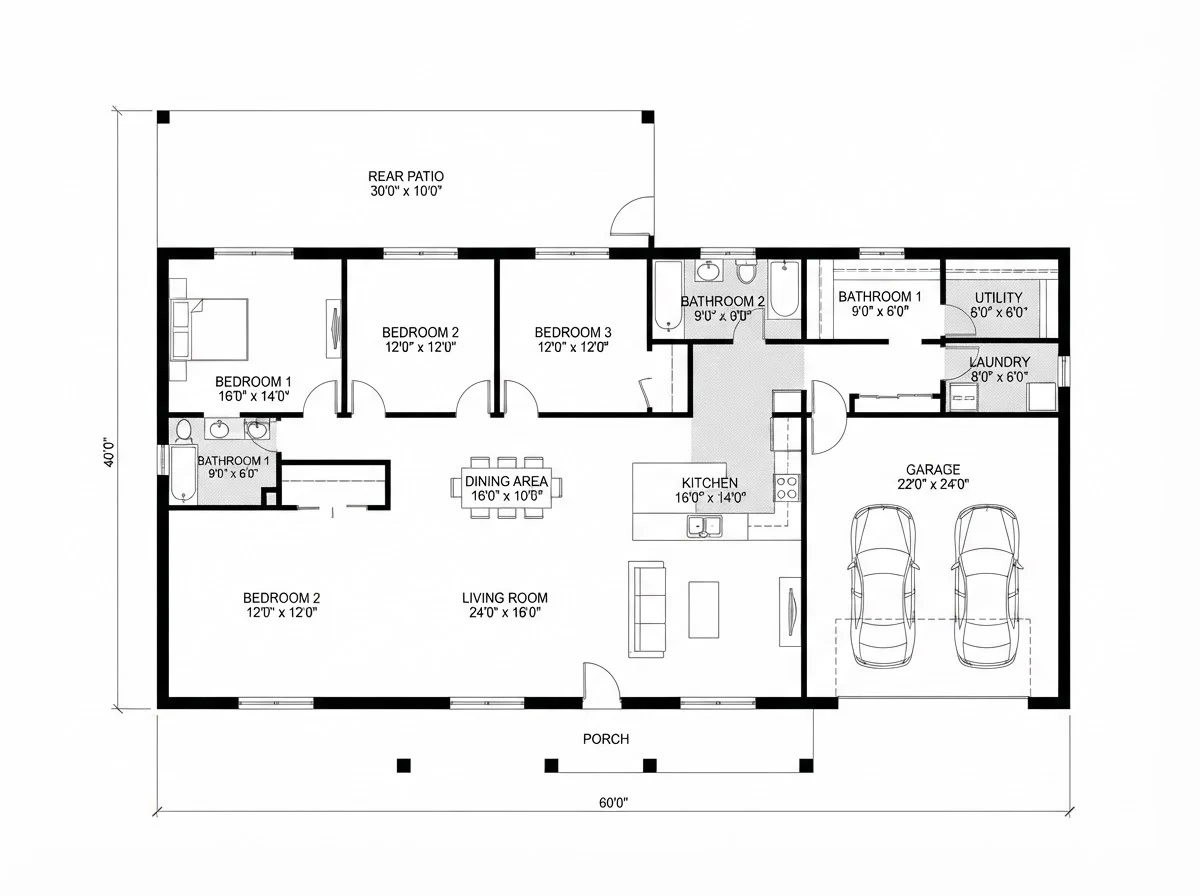 Dimensioned 60 by 40 foot barndominium floor plan with a 22 by 24 foot garage at one end, three bedrooms and two bathrooms along the back, a 24 by 16 foot living room, a 16 by 14 foot kitchen and a covered front porch