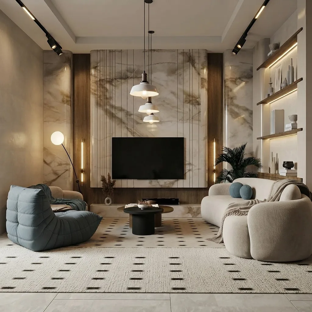 Basement lounge with a marble TV wall, cream boucle sofas, a blue lounge chair, a patterned rug and a cluster of pendant lights