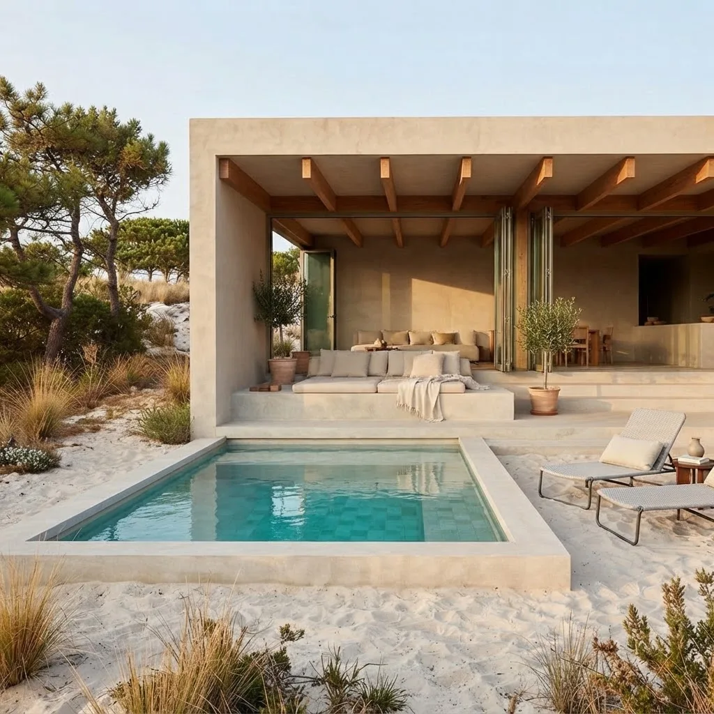 Covered outdoor terrace of a beach villa with a timber beamed ceiling, deep cream sofas, a plunge pool and open sea views