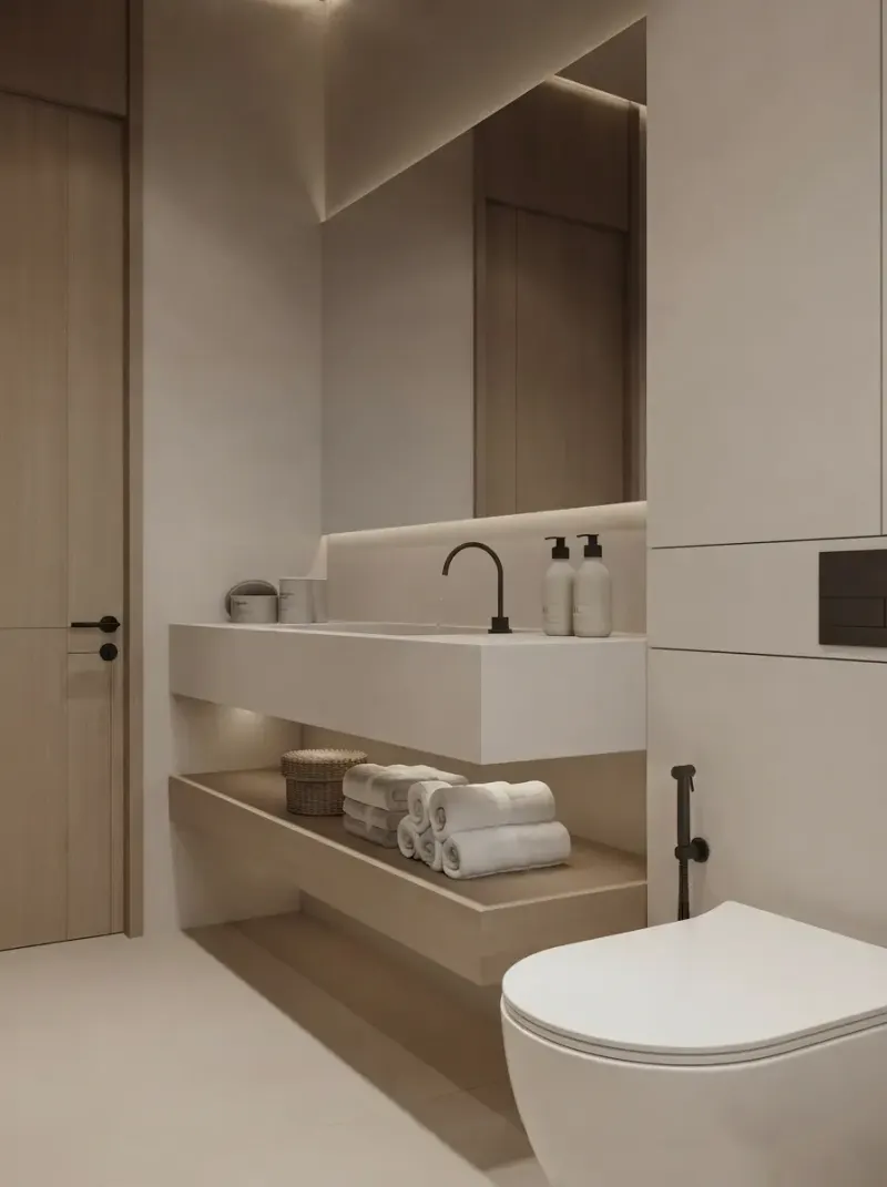 Bathroom designed with MeltFlex AI: Beige Minimal Bathroom