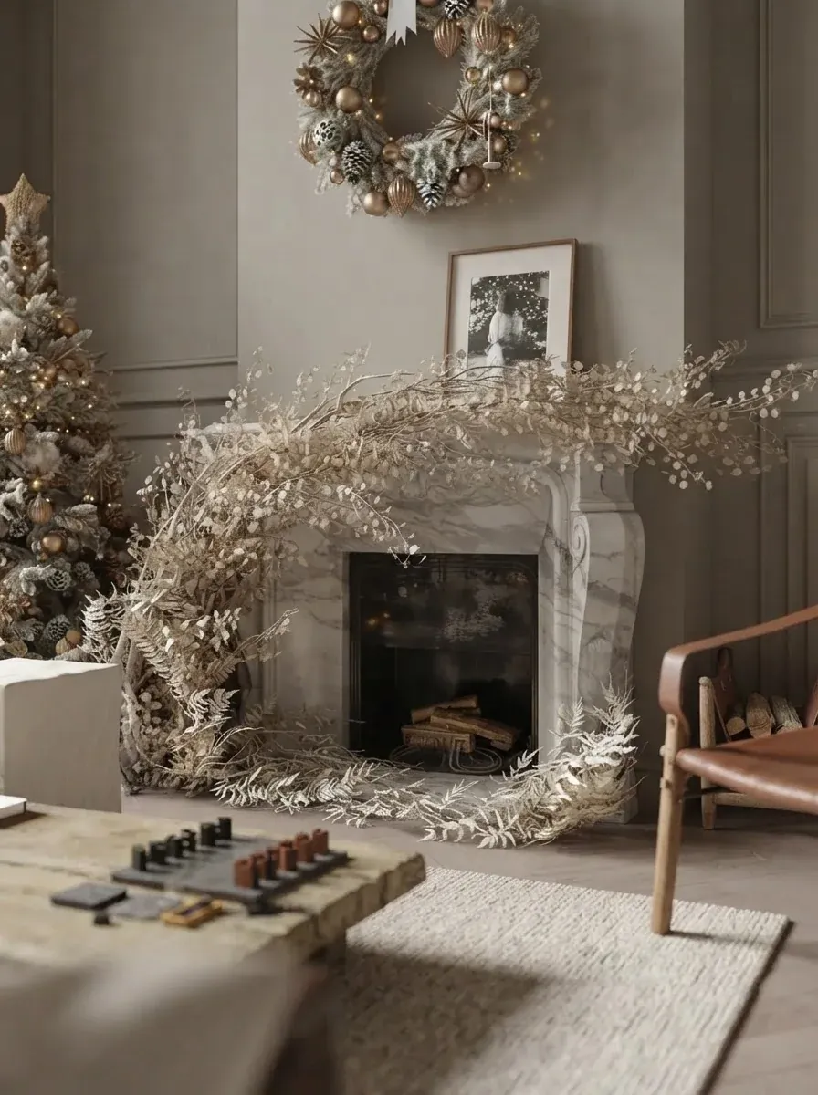 Close view of a beige panelled living room mantel with a dried flower and grass garland arching over a marble fireplace, a frosted tree at the left, a wreath above and a leather sling chair