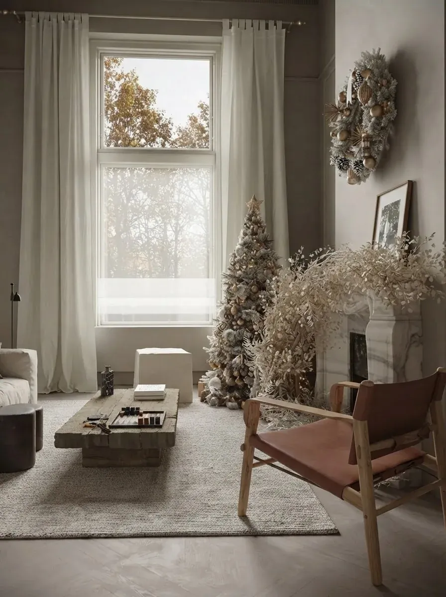 Wider view of the same beige panelled living room with a tall sash window, a frosted Christmas tree beside the fireplace, the dried garland on the mantel, a linen sofa and a leather sling chair