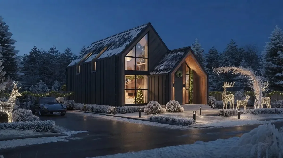 Black clad barn style house at dusk in deep snow with warm lights along the gable, a wreath on the front, lit wire reindeer on the lawn beside a parked car and frosted trees behind