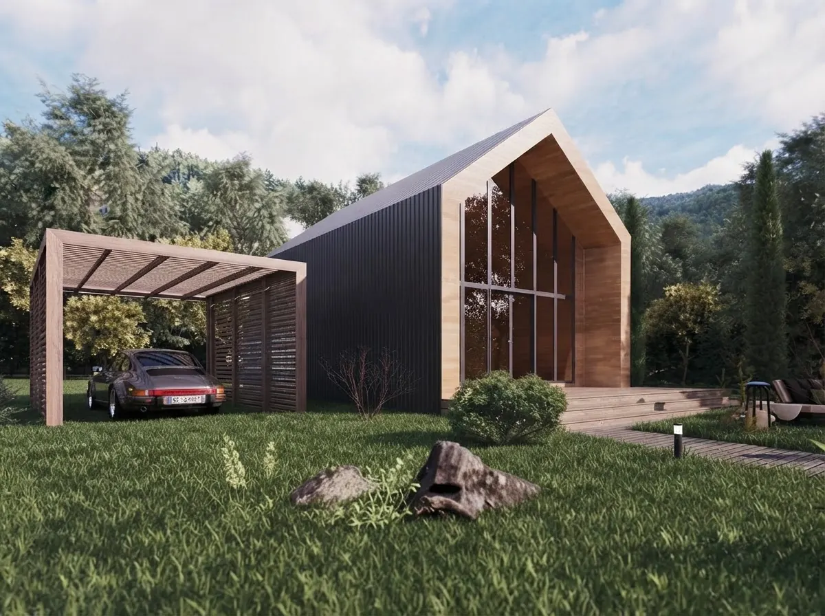 Black vertical clad barn house with a timber framed glass gable and a wooden pergola carport, on a lawn with boulders and young trees