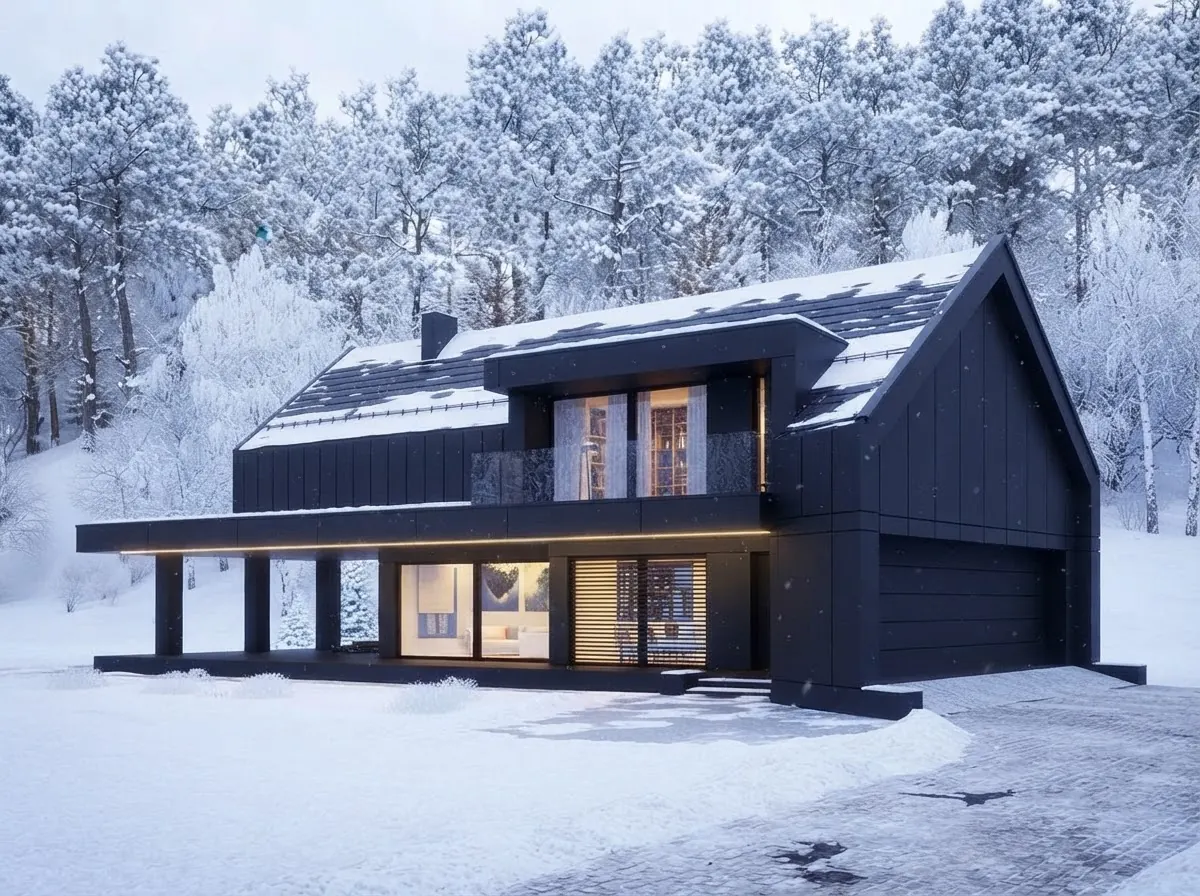 Black board and batten barn house in deep snow with a matching gabled garage, the battens clearly spaced across the garage gable, and warm lit windows