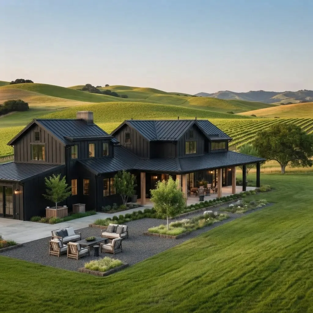 Aerial view of a black board and batten farmhouse with a black metal roof, a wraparound porch, an outdoor dining terrace and gardens set in rolling green farmland