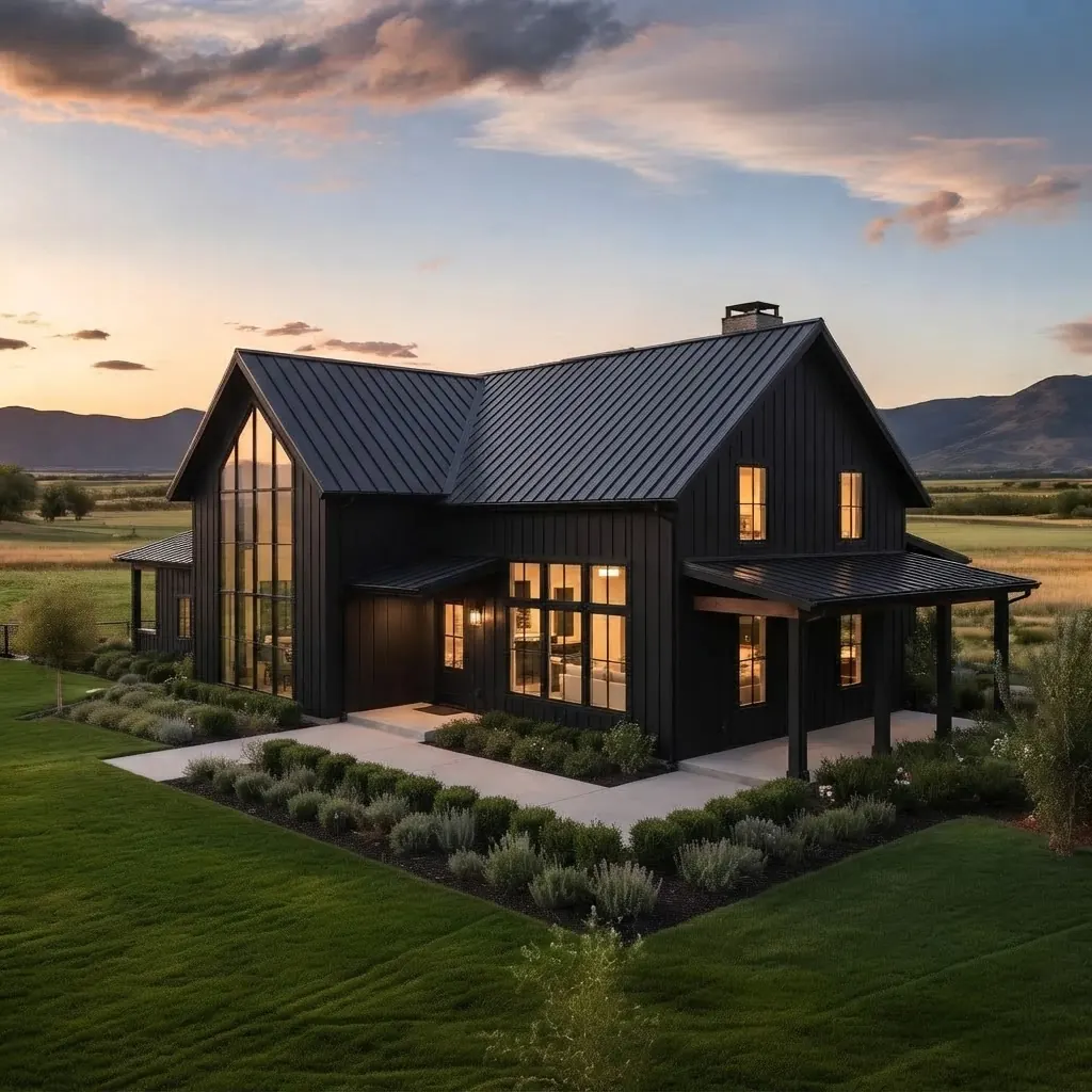Black modern farmhouse clad in board and batten siding with a black standing seam metal roof, a tall glazed gable, warm lit windows and a covered porch at sunset in open farmland