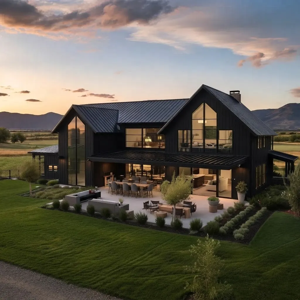 Black board and batten farmhouse seen from the garden at dusk, with a tall glazed gable, a metal roof, an outdoor terrace with seating and lit windows