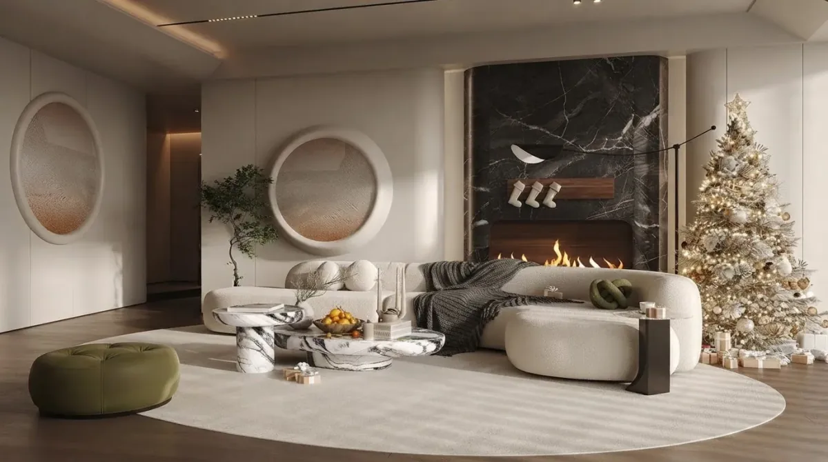 Living room with a black marble linear fireplace, two stockings hung on the mantel, a champagne and gold Christmas tree to the right, a curved cream sofa, a marble coffee table with citrus and a green velvet pouf