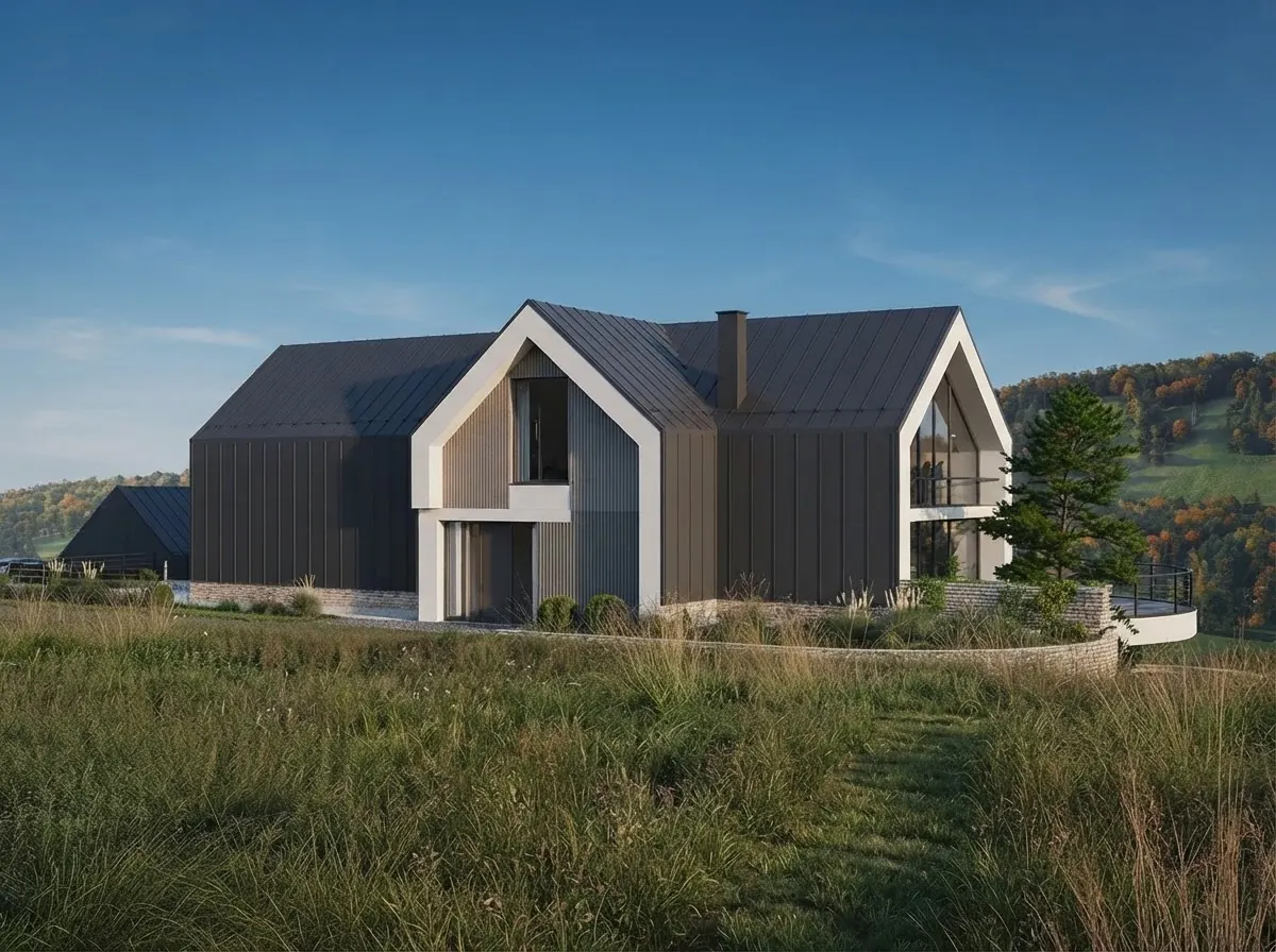 A finished render of a modern barn style house with a dark metal gable roof, a white framed gable entrance with timber cladding and a meadow in the foreground