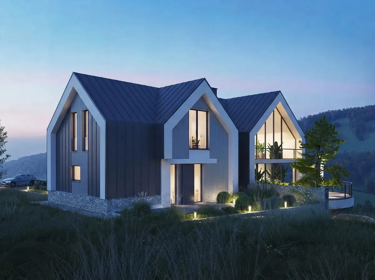 Modern barn house with black vertical siding around a white framed gable end and large glazing, on a hillside at dusk with lights on