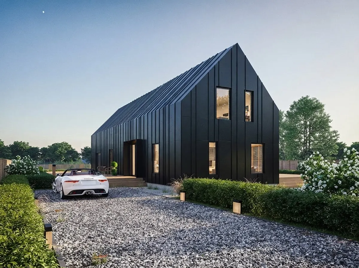 Minimal gable house wrapped in black standing seam metal on the walls and the roof, with small square windows, a gravel forecourt and a white sports car