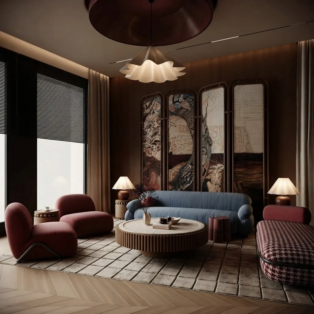 Living room with a powder blue sofa, a burgundy curved ottoman, a painted folding screen and a large scalloped pendant light