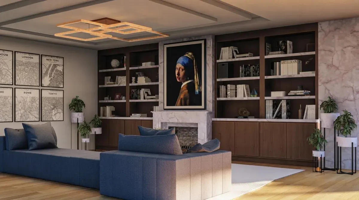 Home library living room with a blue modular sofa, dark wood bookcases and a cream rug, a render from the MeltFlex gallery