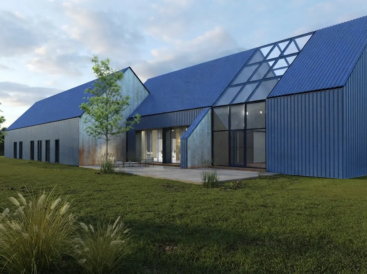 Long barn house clad in blue grey vertical steel siding with matching steel roof and a glazed section along the ridge over the living area, on a wide lawn
