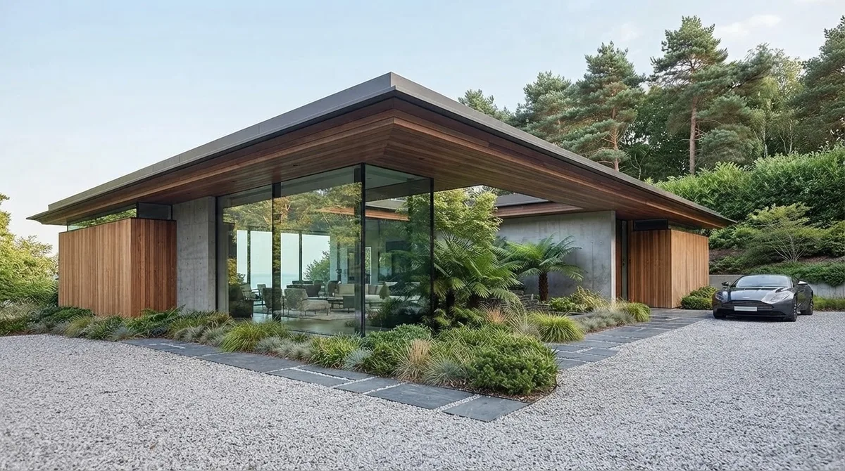 A finished exterior render of a single story house with a deep cedar lined roof overhang, floor to ceiling glass, a board formed concrete wall, a gravel drive with a dark sports car and planted beds