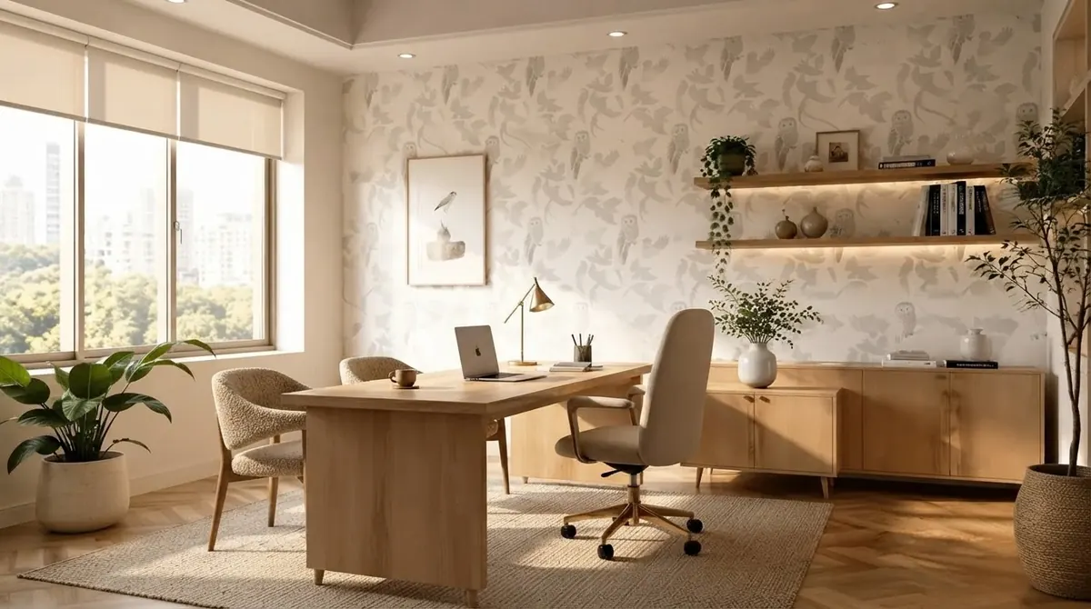 Bright home office with a soft gray leaf pattern wallpaper on every wall, oak desk and sideboard, floating shelves mounted over the wallpaper and a large window