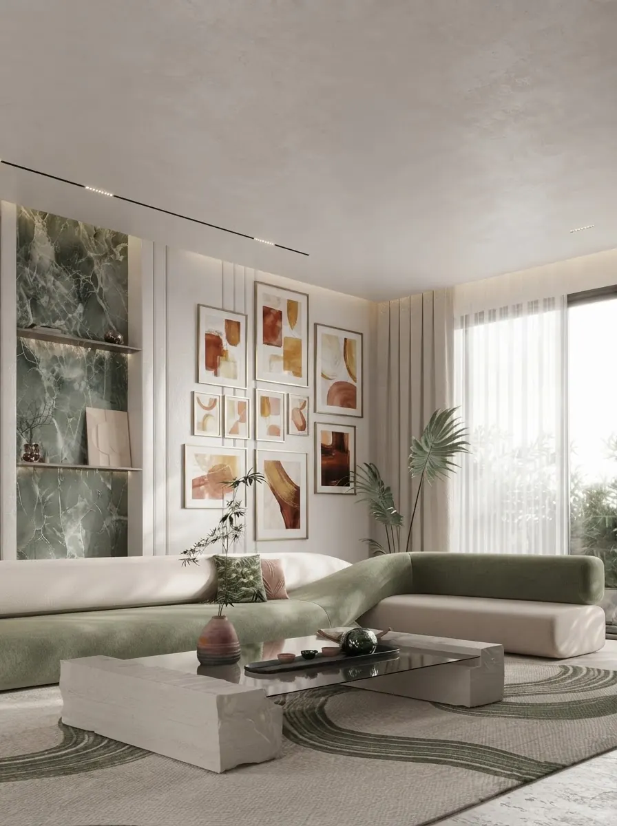 Living room with a green marble feature wall, sheer curtains and a tall gallery wall of abstract prints in slim brass frames