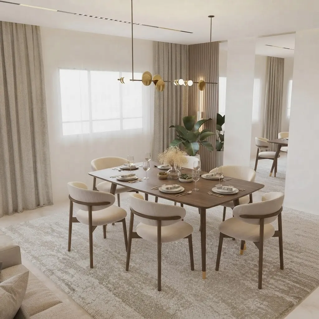A finished dining room render with an oak table set for six, cream upholstered chairs, a brass globe pendant light and sheer curtains over tall windows