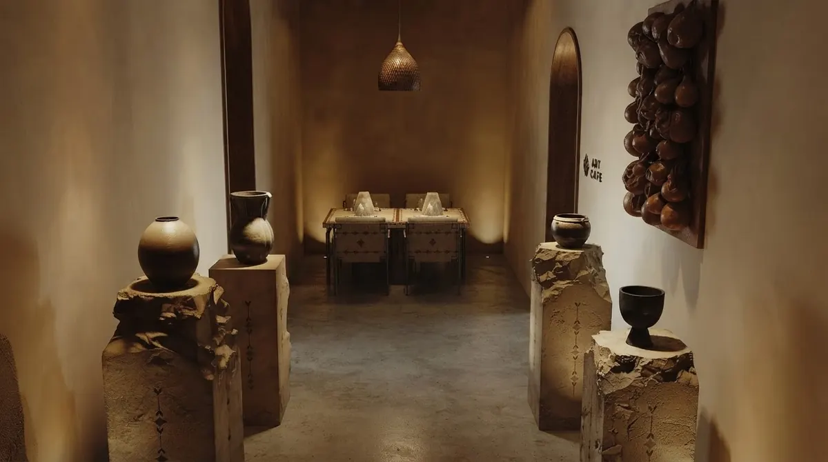 A finished render of a candlelit supper club corridor with rough stone plinths holding dark ceramic vessels, a bronze wall sculpture, an arched niche and a set table at the far end