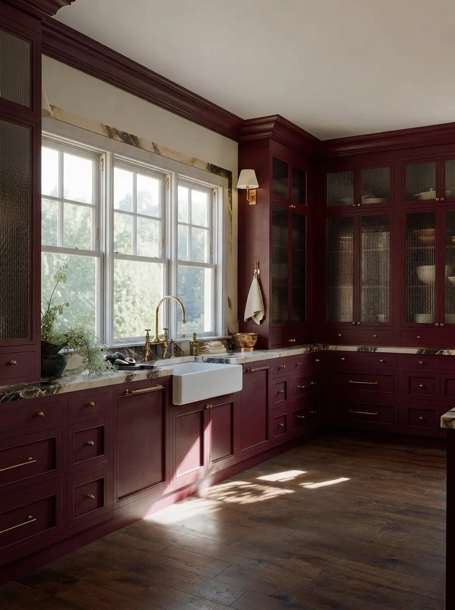 Farmhouse kitchen with deep burgundy painted cabinets and tall glass fronted burgundy cabinets beside a large window, a white apron sink and a marble countertop