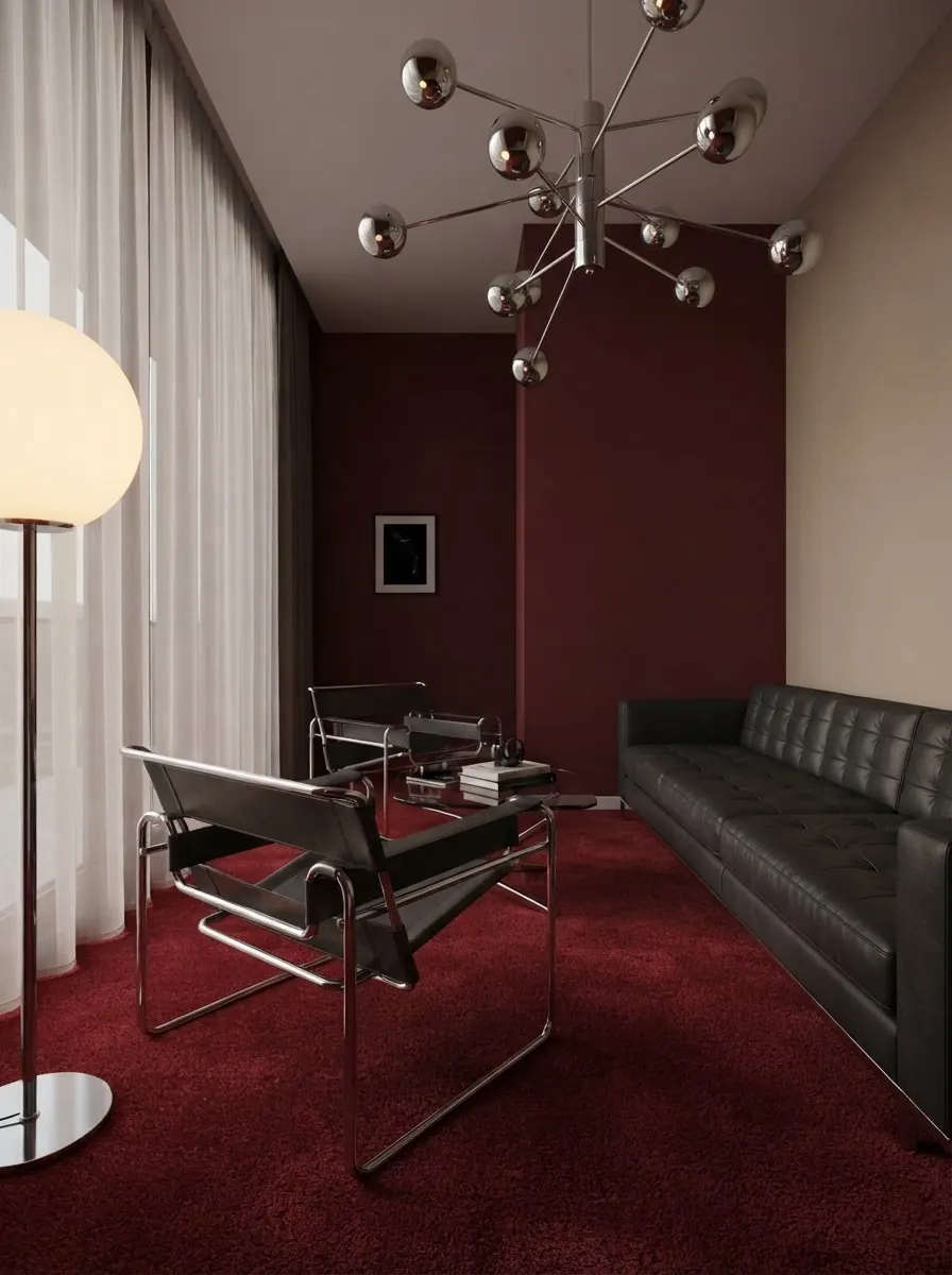 Burgundy Lounge, Black Leather Sofa