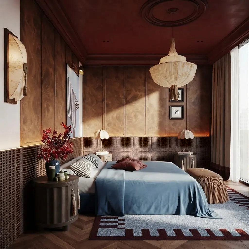 Bedroom with burl wood panelled walls, a deep red lacquered ceiling, a woven pendant, a bed in blue bedding, round dark nightstands and a geometric rug on a herringbone floor
