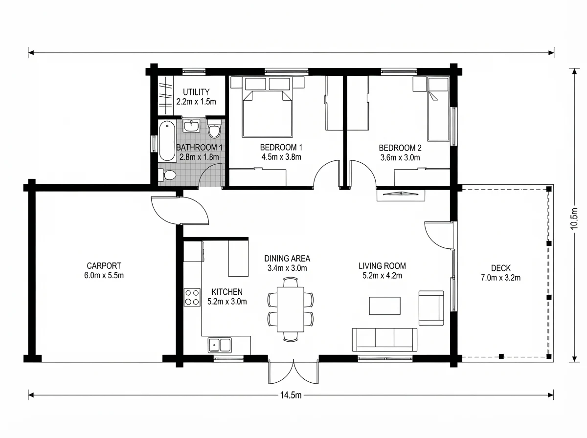 Timber Cabin, Deck and Carport