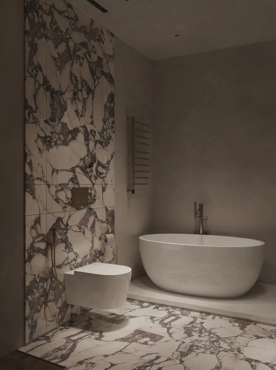 White freestanding oval bathtub against a Calacatta Viola marble wall with a slim floor mounted filler and a heated towel rail