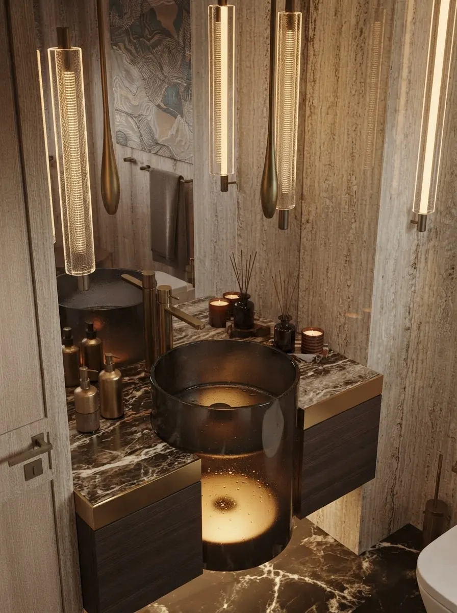 Travertine guest bathroom lit by candles and tall glass pendant lights, with a dark marble counter, a smoked glass basin and a cluster of candles on the counter