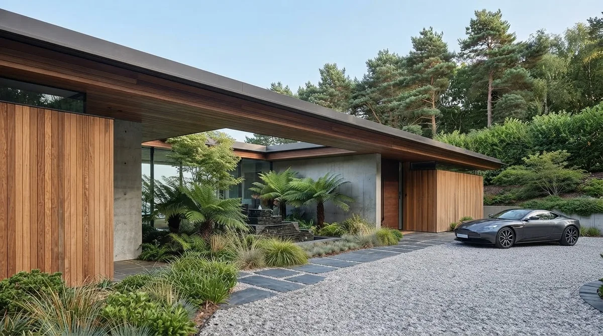A finished render of a single story house with a deep timber soffit, board formed concrete and cedar walls, a gravel court and a grey sports car