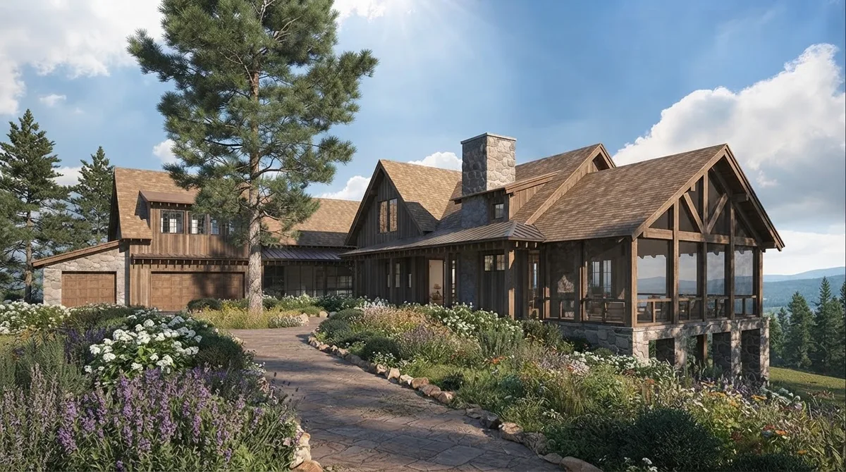 Mountain lodge in cedar and fieldstone with brown shingle roofs among pines and a winding drive