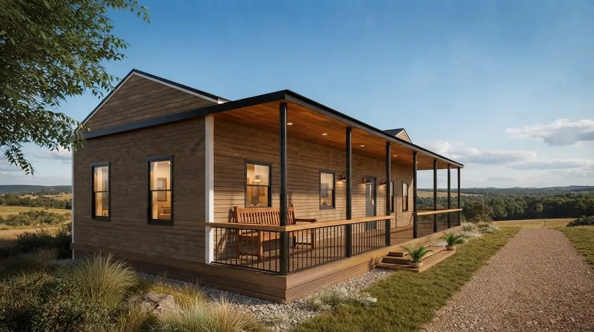 Low cedar clad ranch house with a long covered front porch, black railings and warm porch lights in open prairie