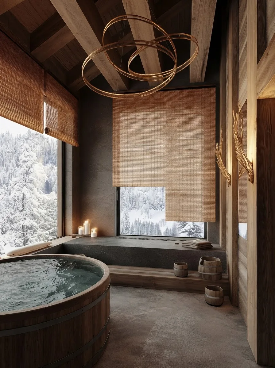 Dark soaking tub set into a timber deck surround with lit candles along the edge and a snow covered forest visible through the window behind