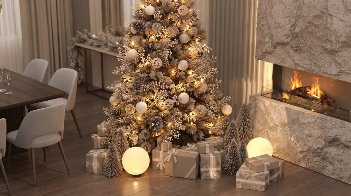 Champagne and cream living room with a gold ornament Christmas tree, wrapped gifts and lit globes at its base, small frosted trees, a textured stone fireplace with a flame, and a dining table with a garland beyond