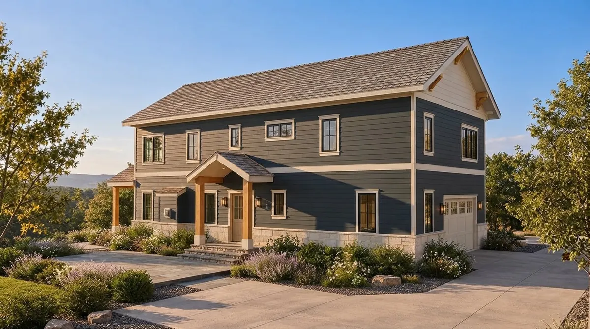 Two story craftsman house in charcoal siding with cream trim, a weathered wood brown shingle roof, timber gable brackets and a stone porch base