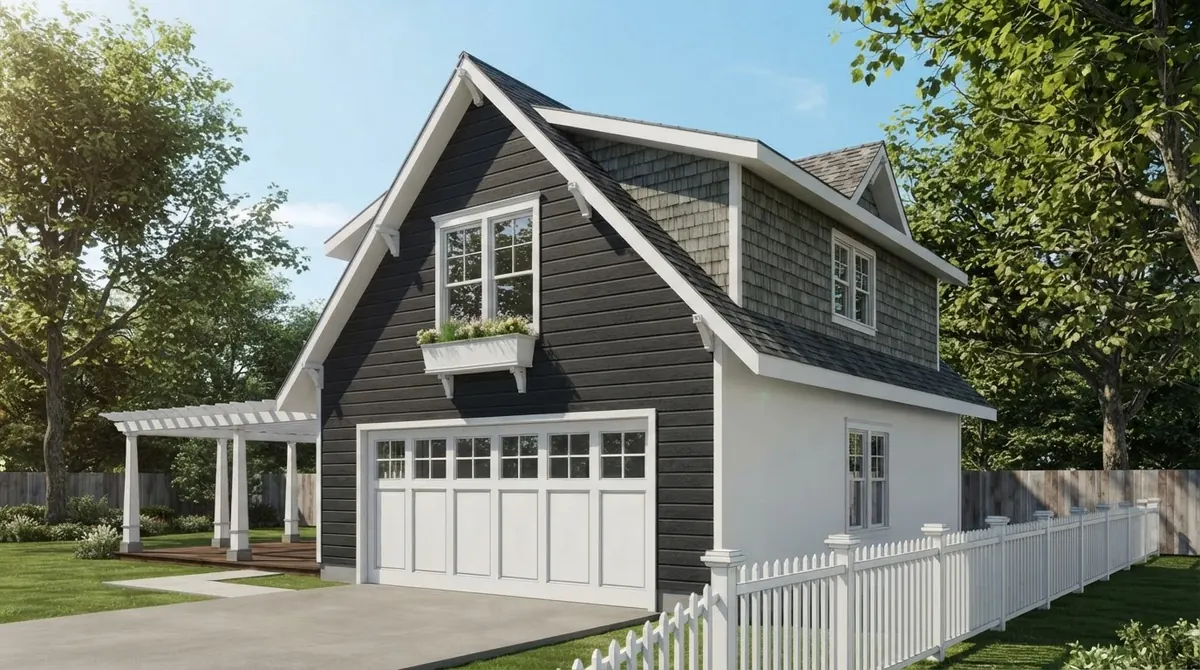 Charcoal lap sided carriage house with a white double garage door, white trim, a dormer with a flower box and a white picket fence