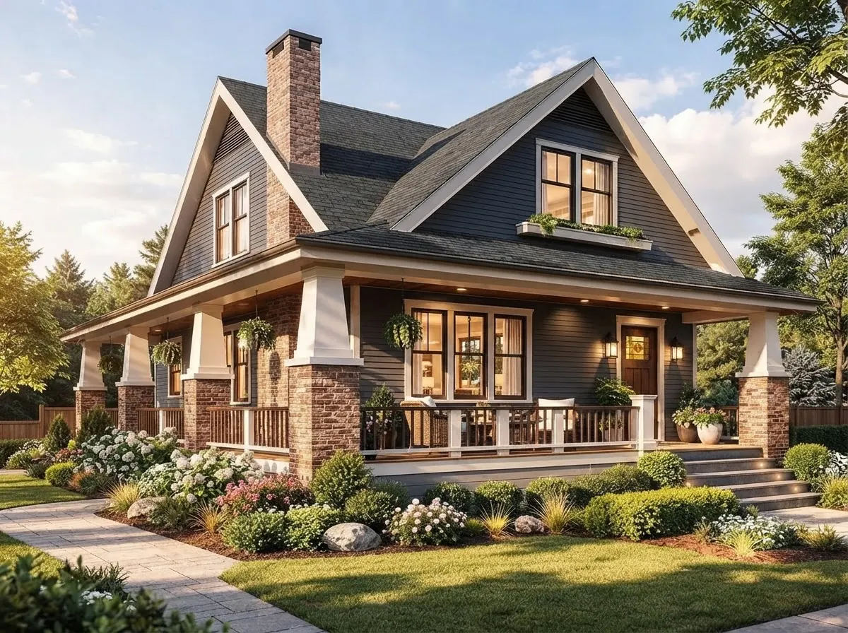 Craftsman bungalow in charcoal lap siding with white trim, a deep front porch on brick piers, tapered columns, a brick chimney and a dark shingle roof at dusk
