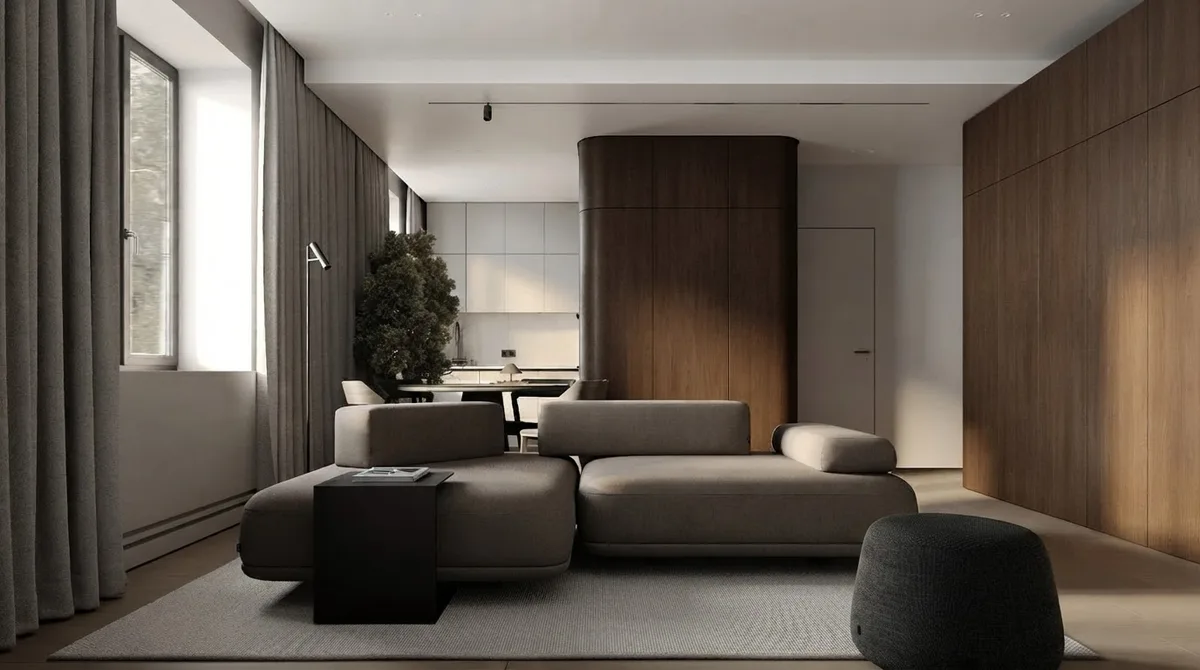 A charcoal modular sofa floated in the middle of an open living area on a large grey rug, its back to the dining and kitchen area, with a low black side table and a round pouf